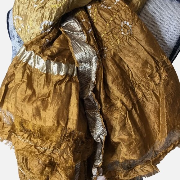 VTG Silk Bandhani Dupatta Shawl Gold Crinkle Wrap Zari Border India Artisan Boho - Picture 7 of 10